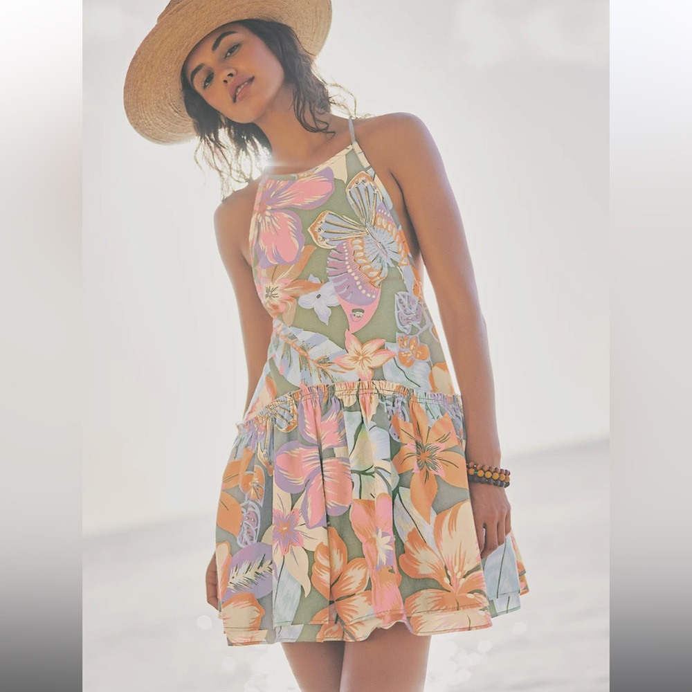 Free People Tropical Floral Mini Dress - Pink and Orange
